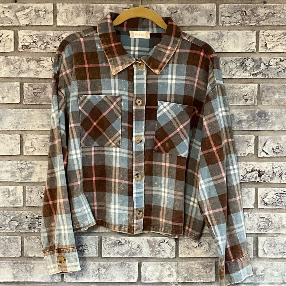 Altard State Blue & Brown Cropped Plaid Flannel Shirt – Size S – NWT